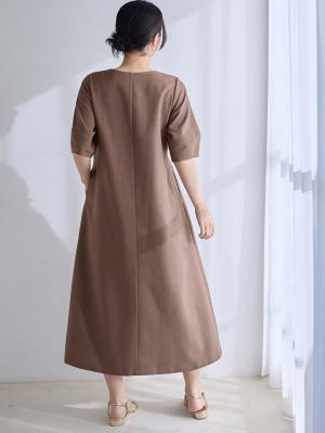 マタニティ ワンピース|ランタンスリーブウエストリボン付きワンピース　マタニティ・産後【産後も長く着れる】Rosemadame（ローズマダム）|モカ