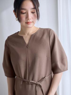 マタニティ ワンピース|ランタンスリーブウエストリボン付きワンピース　マタニティ・産後【産後も長く着れる】Rosemadame（ローズマダム）|モカ