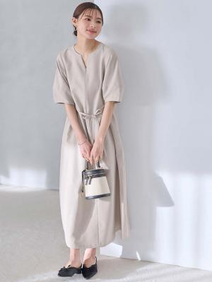 マタニティ ワンピース|ランタンスリーブウエストリボン付きワンピース　マタニティ・産後【産後も長く着れる】Rosemadame（ローズマダム）|オフベージュ