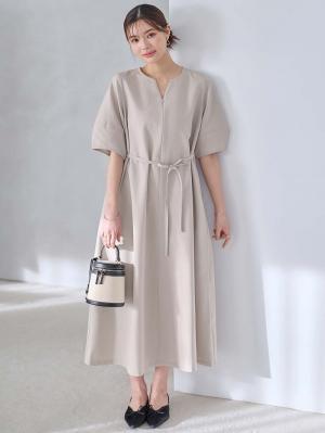 マタニティ ワンピース|ランタンスリーブウエストリボン付きワンピース　マタニティ・産後【産後も長く着れる】Rosemadame（ローズマダム）|オフベージュ