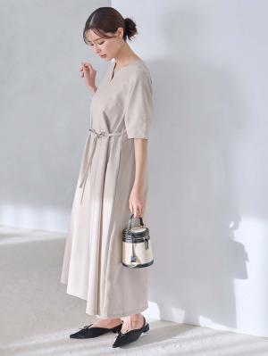 マタニティ ワンピース|ランタンスリーブウエストリボン付きワンピース　マタニティ・産後【産後も長く着れる】Rosemadame（ローズマダム）|オフベージュ