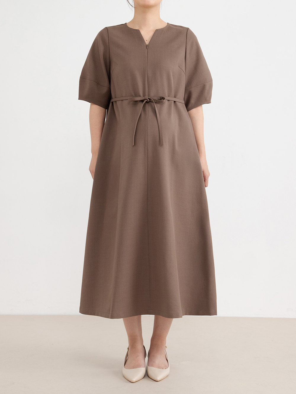 マタニティ ワンピース|ランタンスリーブウエストリボン付きワンピース　マタニティ・産後【産後も長く着れる】Rosemadame（ローズマダム）