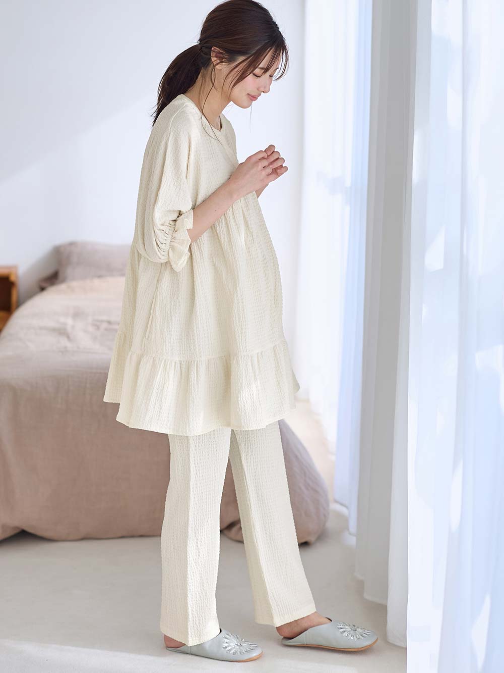 マタニティ パジャマ・ルームウェア|ふくれジャカードパジャマ　マタニティ・授乳パジャマ【産後も長く着れる】Rosemadame（ローズマダム）|アイボリー