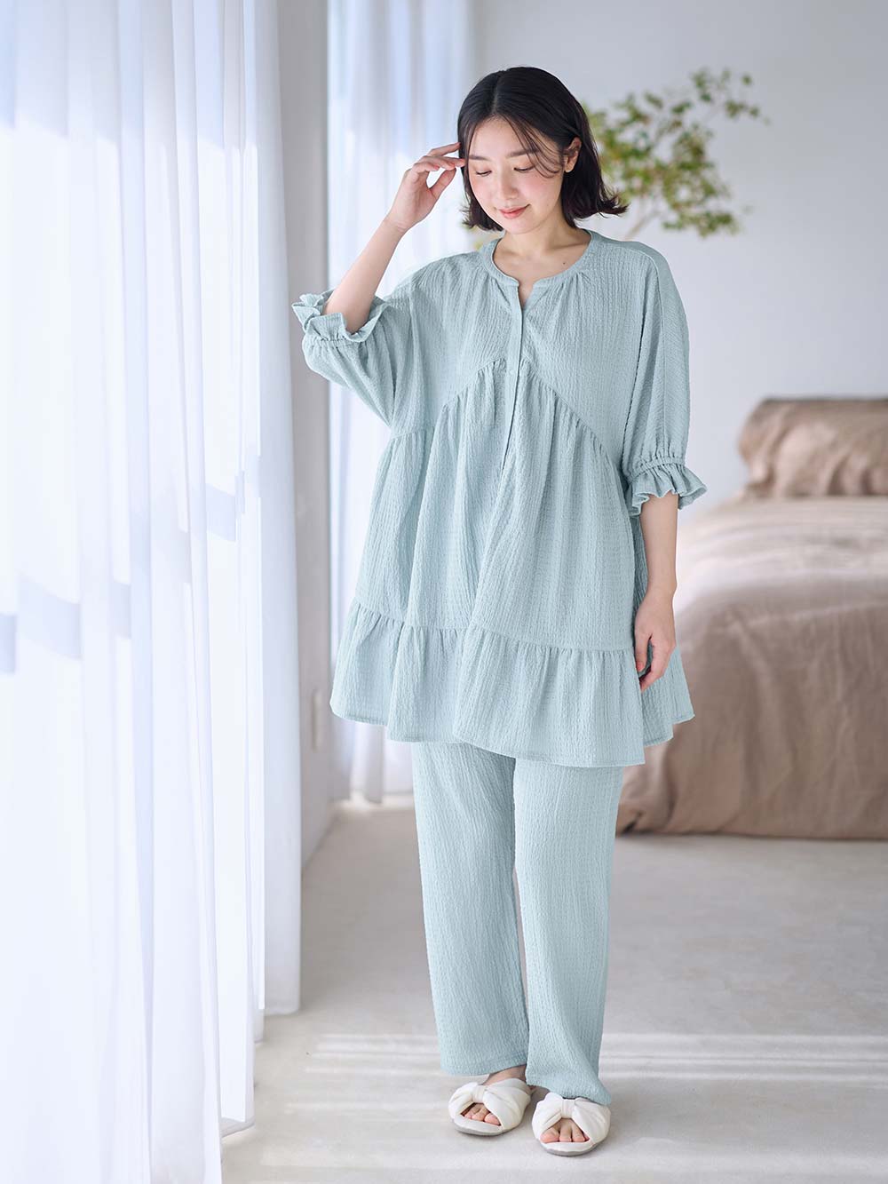 マタニティ パジャマ・ルームウェア|ふくれジャカードパジャマ　マタニティ・授乳パジャマ【産後も長く着れる】Rosemadame（ローズマダム）|ライトグリーン