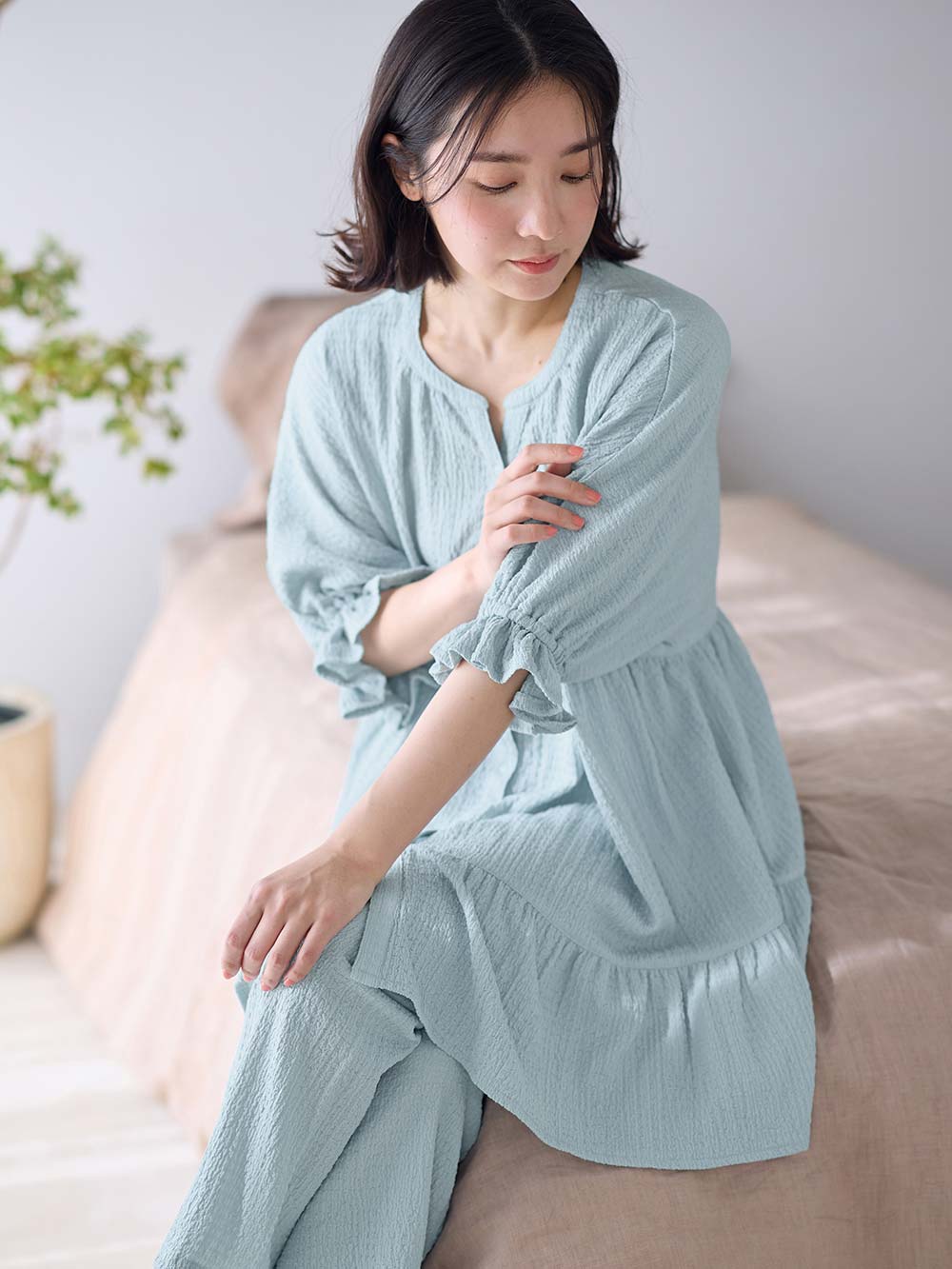 マタニティ パジャマ・ルームウェア|ふくれジャカードパジャマ　マタニティ・授乳パジャマ【産後も長く着れる】Rosemadame（ローズマダム）|ライトグリーン