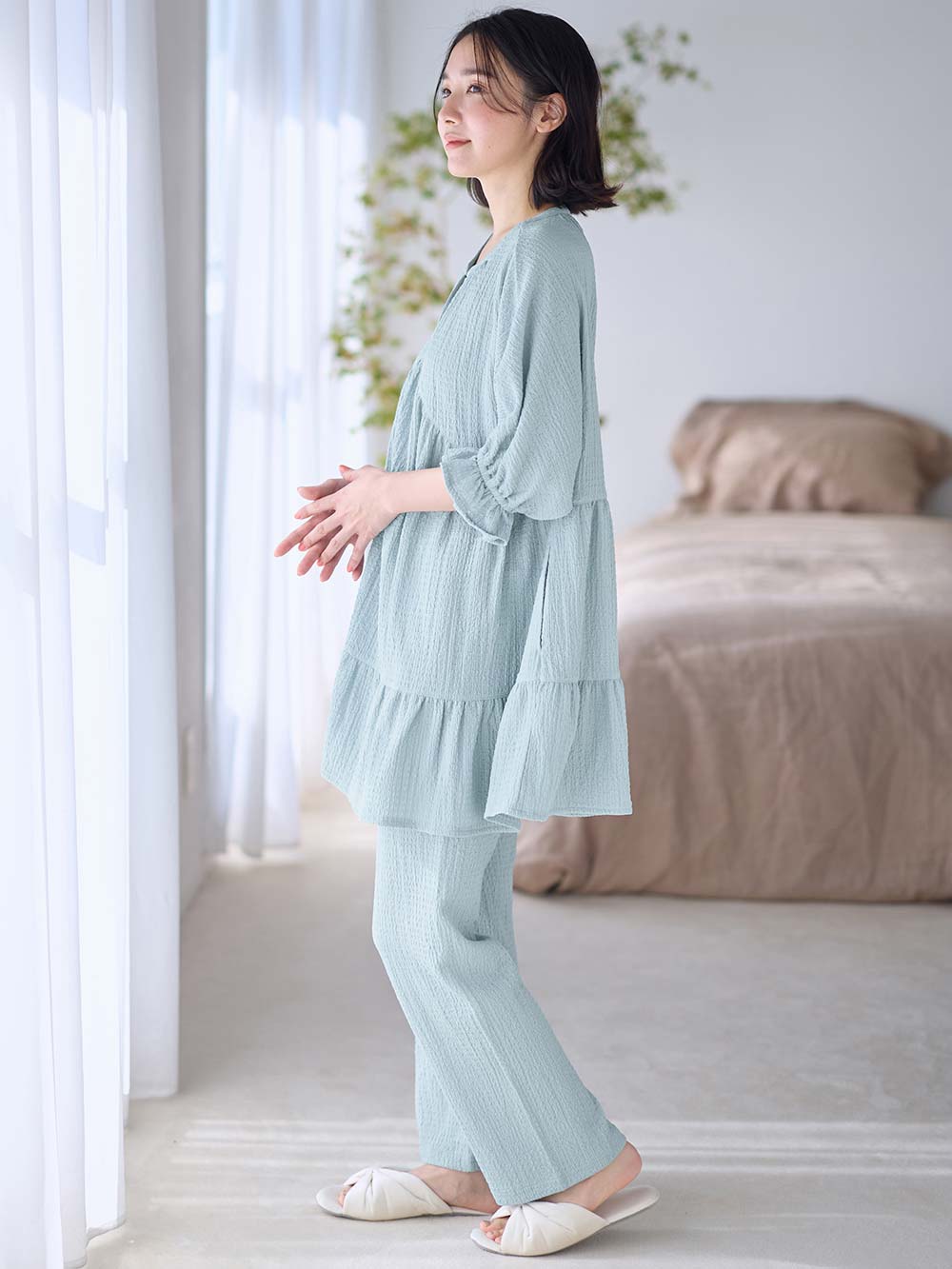 マタニティ パジャマ・ルームウェア|ふくれジャカードパジャマ　マタニティ・授乳パジャマ【産後も長く着れる】Rosemadame（ローズマダム）|ライトグリーン