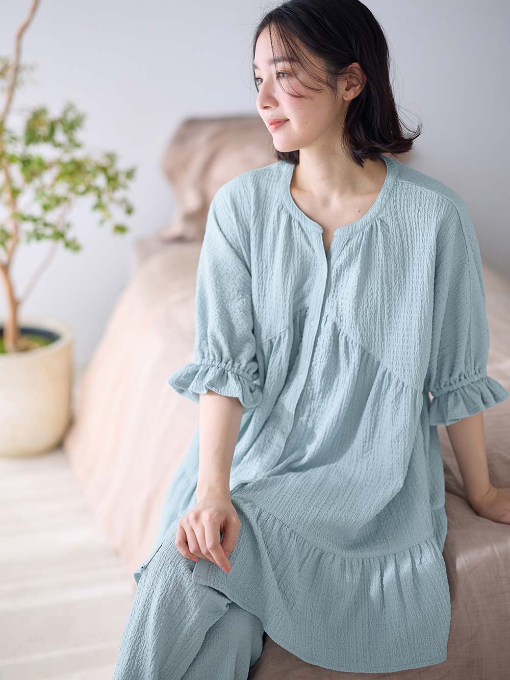 マタニティ パジャマ・ルームウェア|ふくれジャカードパジャマ　マタニティ・授乳パジャマ【産後も長く着れる】Rosemadame（ローズマダム）|ライトグリーン