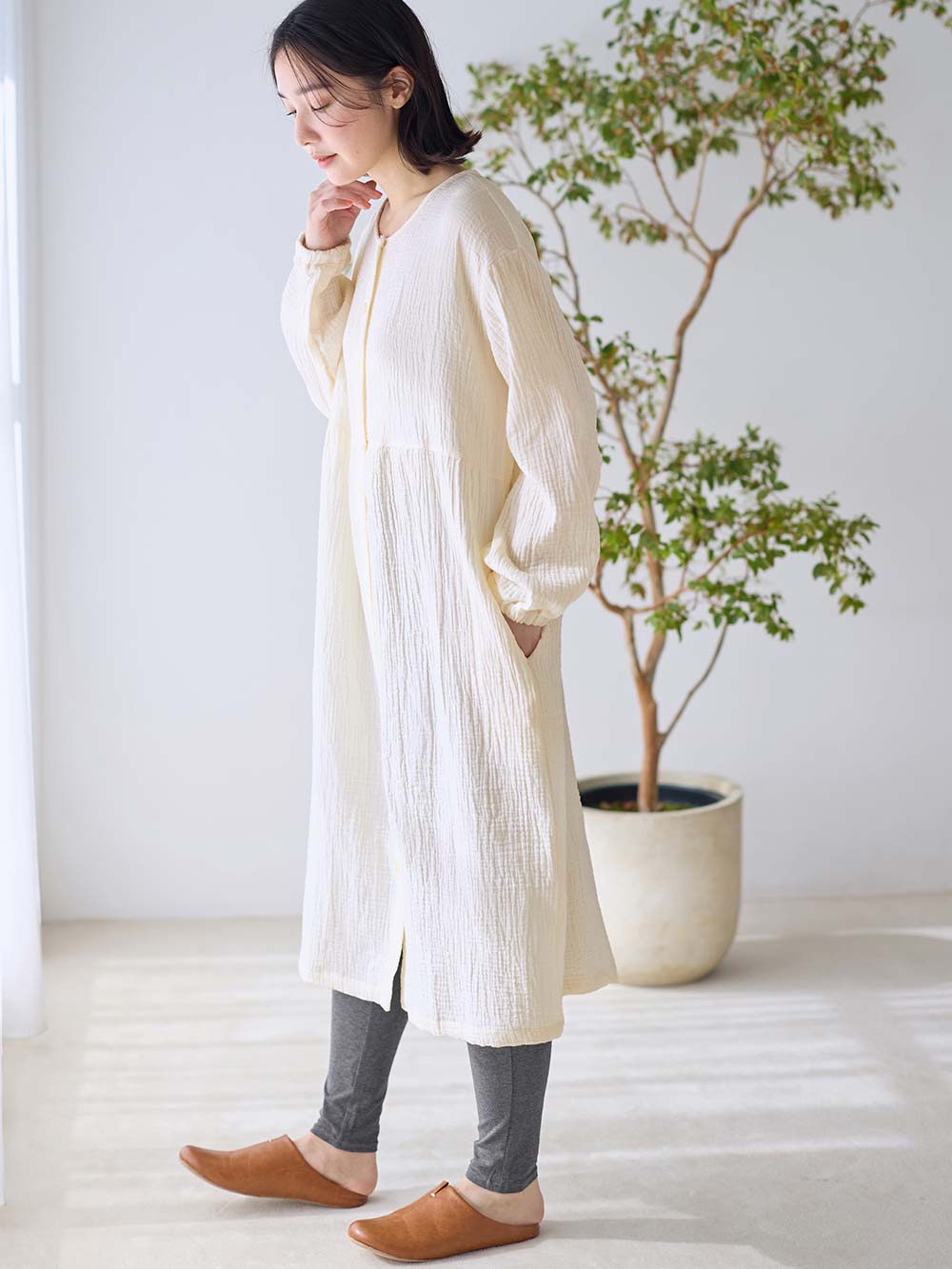 マタニティ パジャマ・ルームウェア|ポコポコガーゼ丸首パジャマ　マタニティ・授乳パジャマ【産後も長く着れる】INUJIRUSHI（イヌジルシ）|キナリ