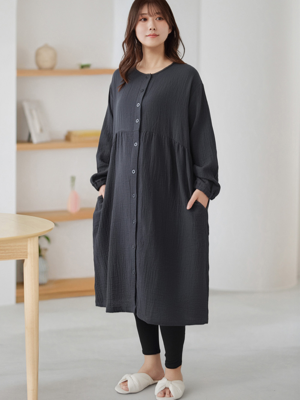 マタニティ パジャマ・ルームウェア|ポコポコガーゼ丸首パジャマ　マタニティ・授乳パジャマ【産後も長く着れる】INUJIRUSHI（イヌジルシ）|ネイビー