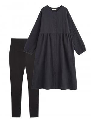 マタニティ パジャマ・ルームウェア|ポコポコガーゼ丸首パジャマ　マタニティ・授乳パジャマ【産後も長く着れる】INUJIRUSHI（イヌジルシ）|ネイビー