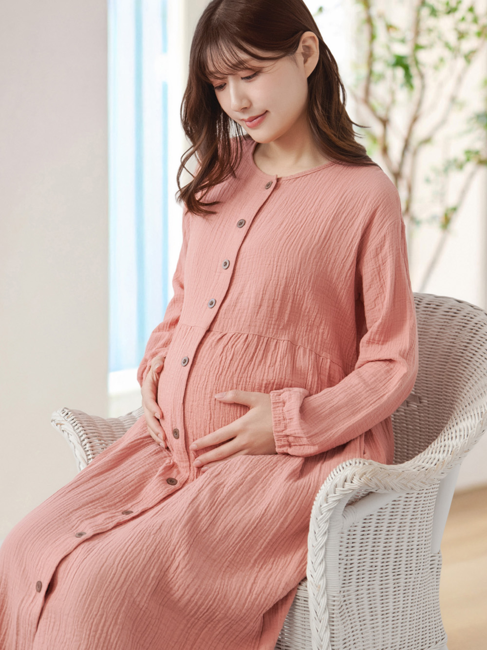 マタニティ パジャマ・ルームウェア|ポコポコガーゼ丸首パジャマ　マタニティ・授乳パジャマ【産後も長く着れる】INUJIRUSHI（イヌジルシ）|ローズピンク