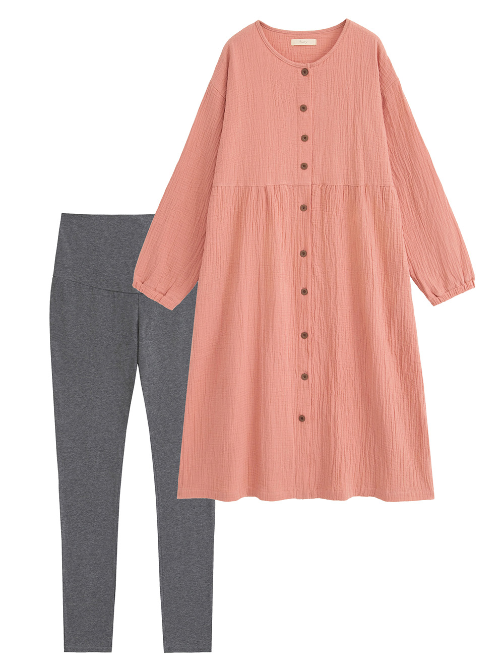 マタニティ パジャマ・ルームウェア|ポコポコガーゼ丸首パジャマ　マタニティ・授乳パジャマ【産後も長く着れる】INUJIRUSHI（イヌジルシ）|ローズピンク