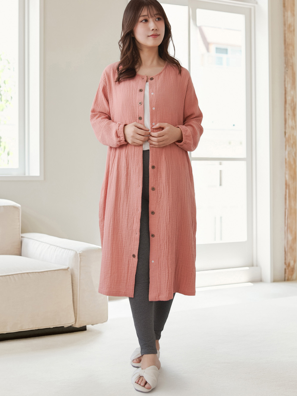 マタニティ パジャマ・ルームウェア|ポコポコガーゼ丸首パジャマ　マタニティ・授乳パジャマ【産後も長く着れる】INUJIRUSHI（イヌジルシ）|ローズピンク