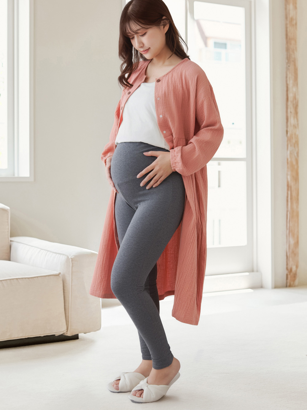 マタニティ パジャマ・ルームウェア|ポコポコガーゼ丸首パジャマ　マタニティ・授乳パジャマ【産後も長く着れる】INUJIRUSHI（イヌジルシ）|ローズピンク