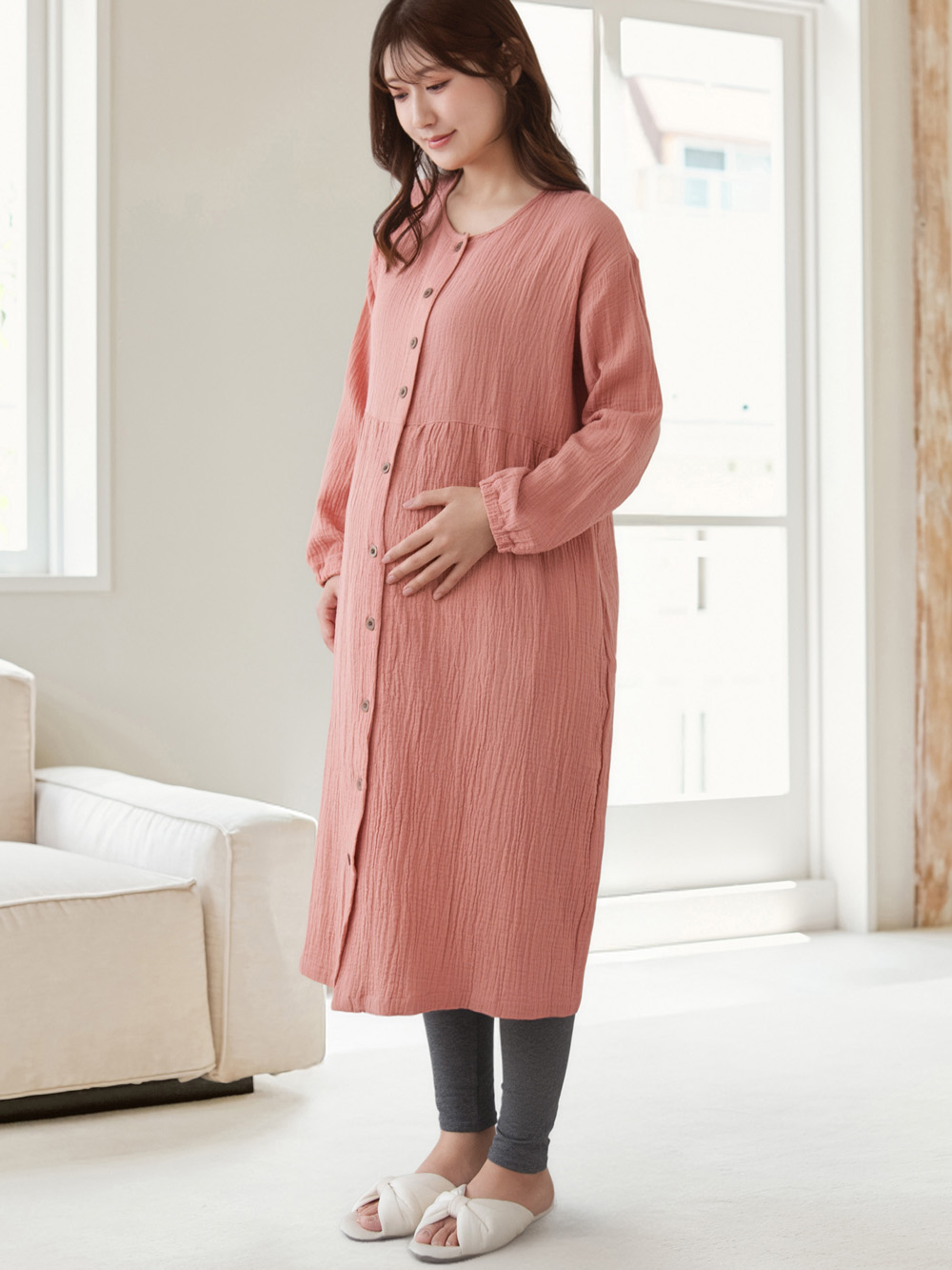 マタニティ パジャマ・ルームウェア|ポコポコガーゼ丸首パジャマ　マタニティ・授乳パジャマ【産後も長く着れる】INUJIRUSHI（イヌジルシ）|ローズピンク