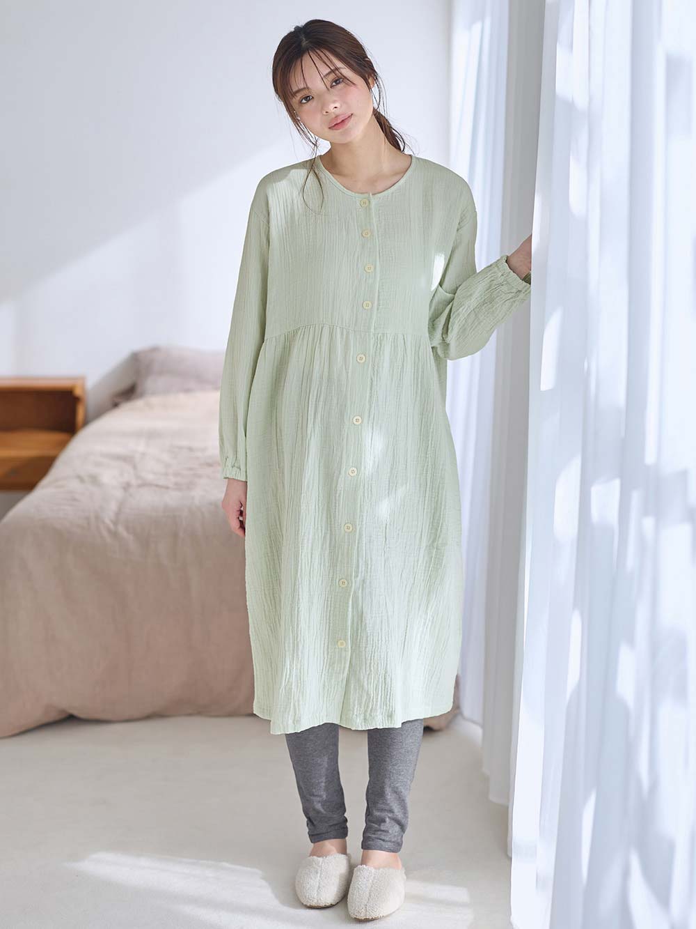 マタニティ パジャマ・ルームウェア|ポコポコガーゼ丸首パジャマ　マタニティ・授乳パジャマ【産後も長く着れる】INUJIRUSHI（イヌジルシ）|ローズピンク