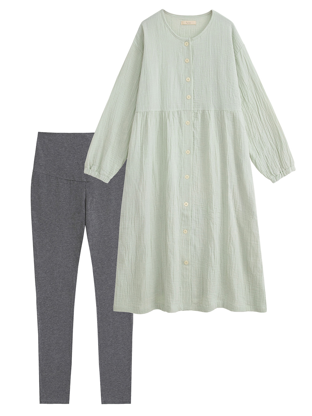マタニティ パジャマ・ルームウェア|ポコポコガーゼ丸首パジャマ　マタニティ・授乳パジャマ【産後も長く着れる】INUJIRUSHI（イヌジルシ）|モスグリーン