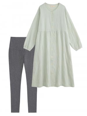 マタニティ パジャマ・ルームウェア|ポコポコガーゼ丸首パジャマ　マタニティ・授乳パジャマ【産後も長く着れる】INUJIRUSHI（イヌジルシ）|モスグリーン