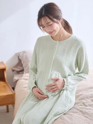 マタニティ パジャマ・ルームウェア|ポコポコガーゼ丸首パジャマ　マタニティ・授乳パジャマ【産後も長く着れる】INUJIRUSHI（イヌジルシ）|モスグリーン