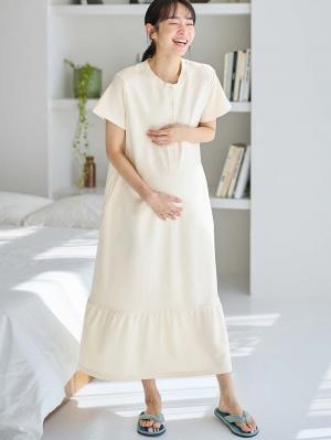 マタニティ パジャマ・ルームウェア|【防汚加工】綿混やわらかスウェット半袖ティアードネグリジェ　マタニティ・産後【出産後も長く使える】|アイスベージュ