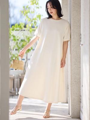 マタニティ ワンピース|【防汚加工】綿混やわらかスウェット半袖フレアワンピース　マタニティ・産後【出産後も長く使える】|アイスベージュ