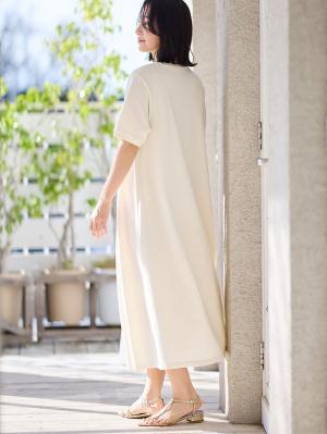 マタニティ ワンピース|【防汚加工】綿混やわらかスウェット半袖フレアワンピース　マタニティ・産後【出産後も長く使える】|アイスベージュ