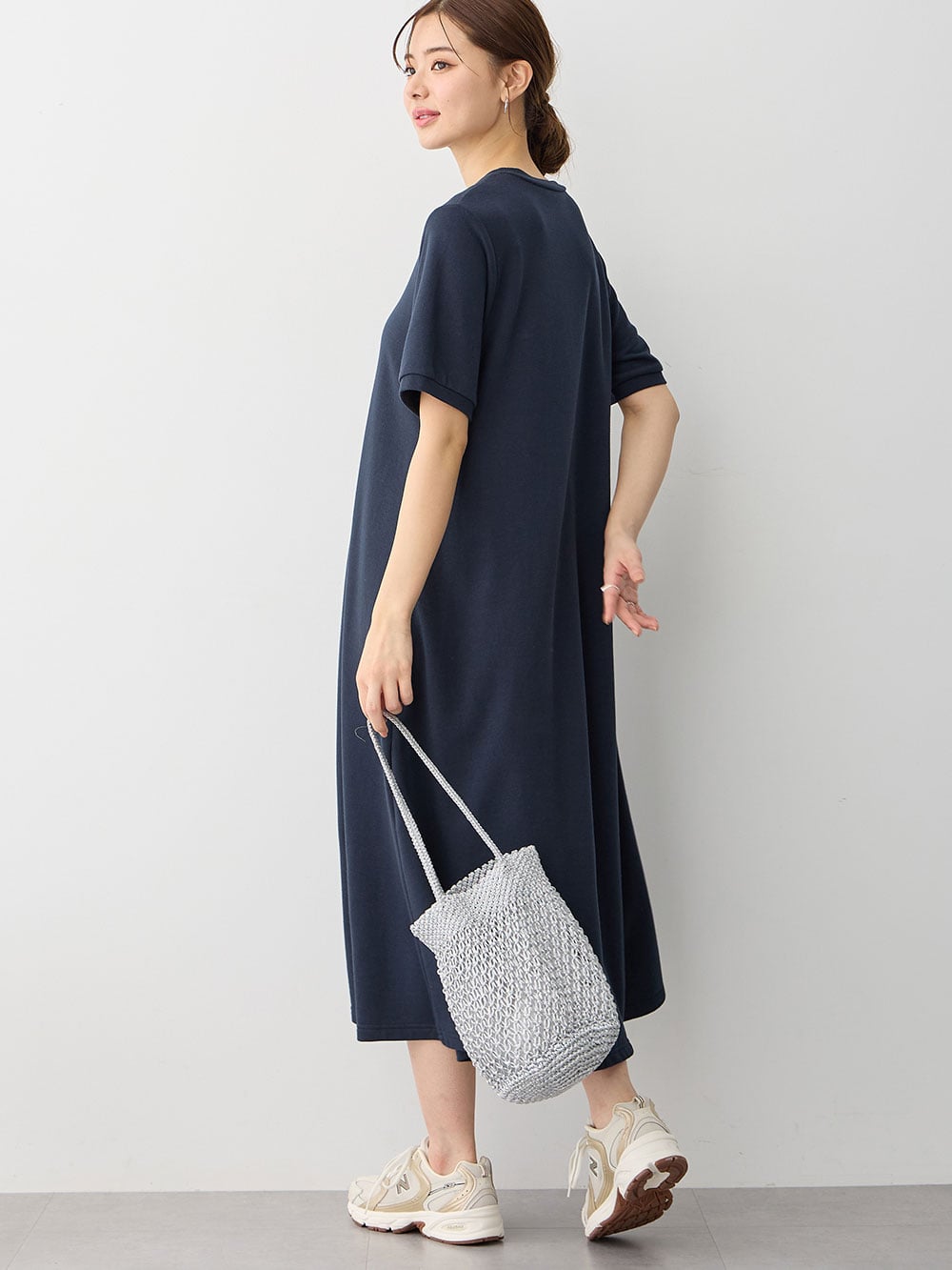 マタニティ ワンピース|【防汚加工】綿混やわらかスウェット半袖フレアワンピース　マタニティ・産後【出産後も長く使える】|ネイビー