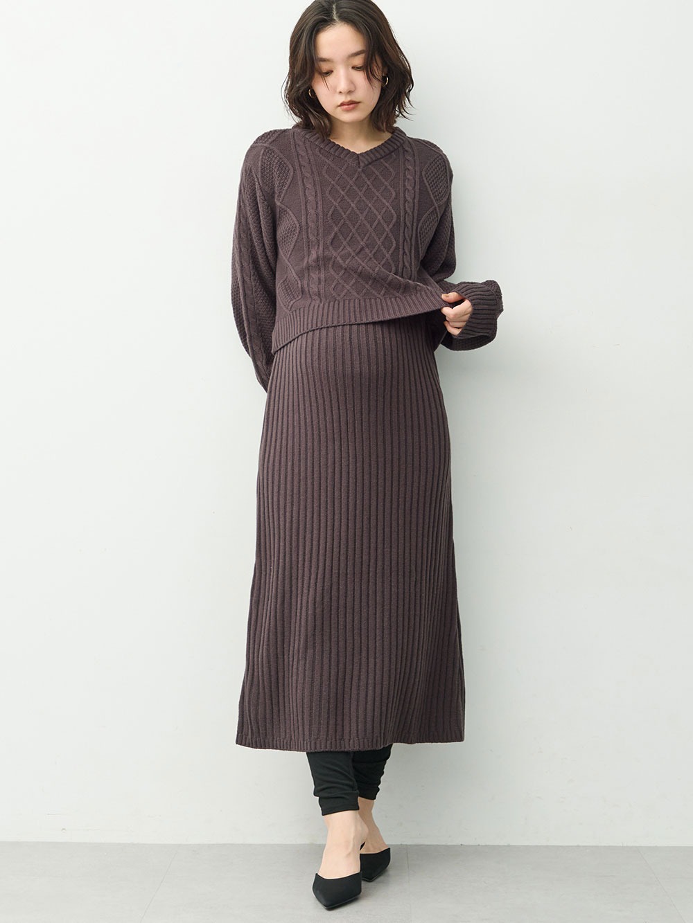 マタニティ ワンピース|ケーブル編みワンピース　マタニティ・産後【産後も長く着れる】Rosemadame(ローズマダム)|チャコール