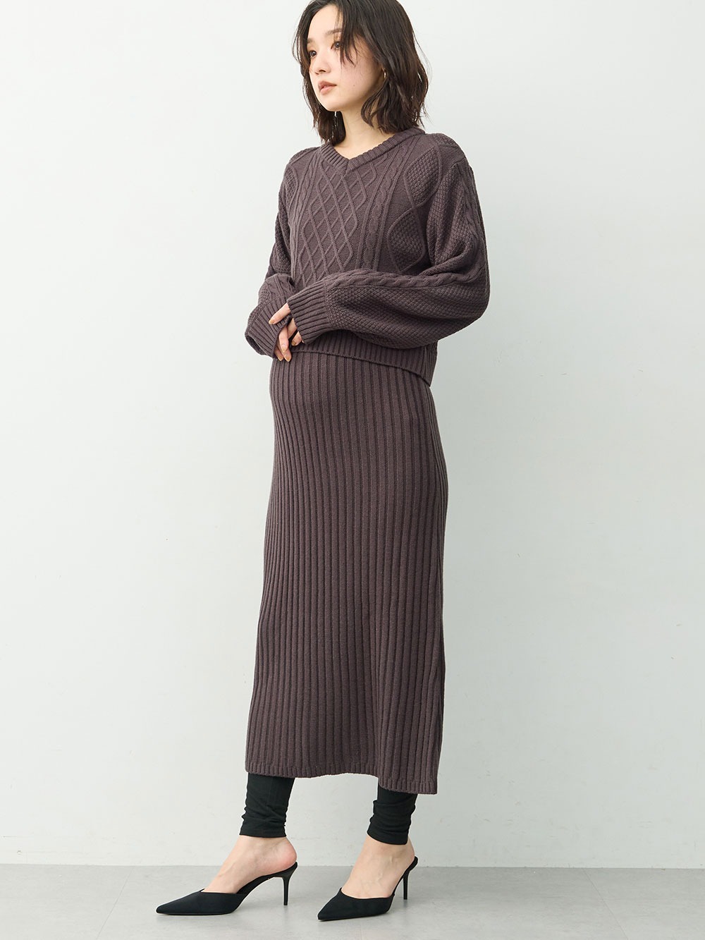 マタニティ ワンピース|ケーブル編みワンピース　マタニティ・産後【産後も長く着れる】Rosemadame(ローズマダム)|チャコール