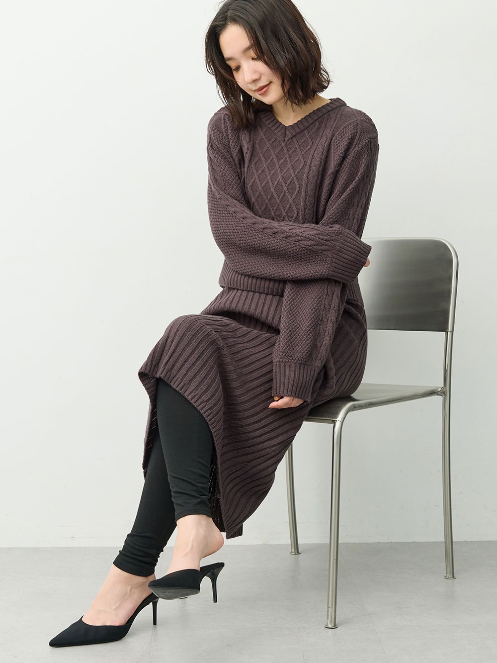マタニティ ワンピース|ケーブル編みワンピース　マタニティ・産後【産後も長く着れる】Rosemadame(ローズマダム)|チャコール