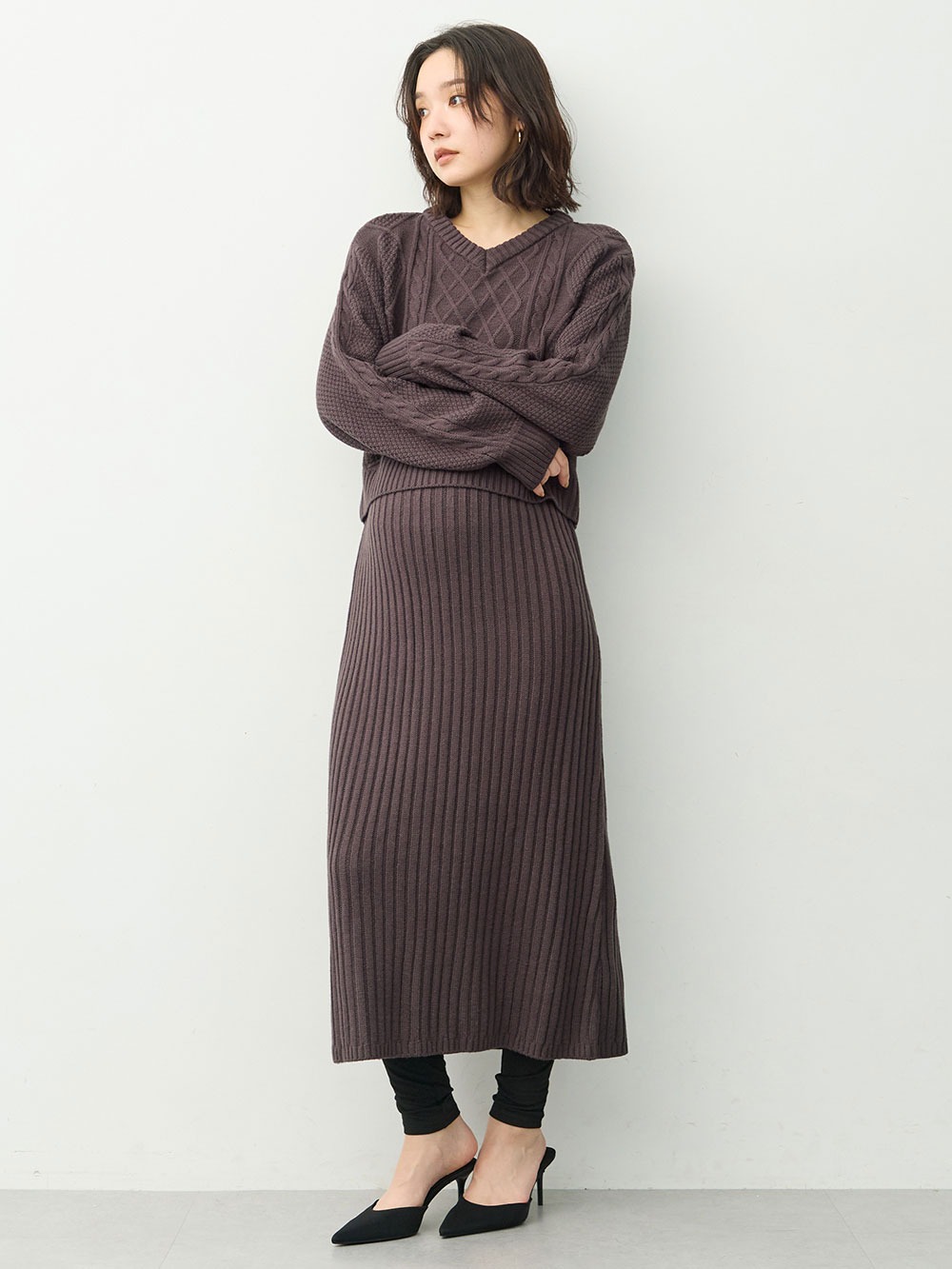マタニティ ワンピース|ケーブル編みワンピース　マタニティ・産後【産後も長く着れる】Rosemadame(ローズマダム)|チャコール