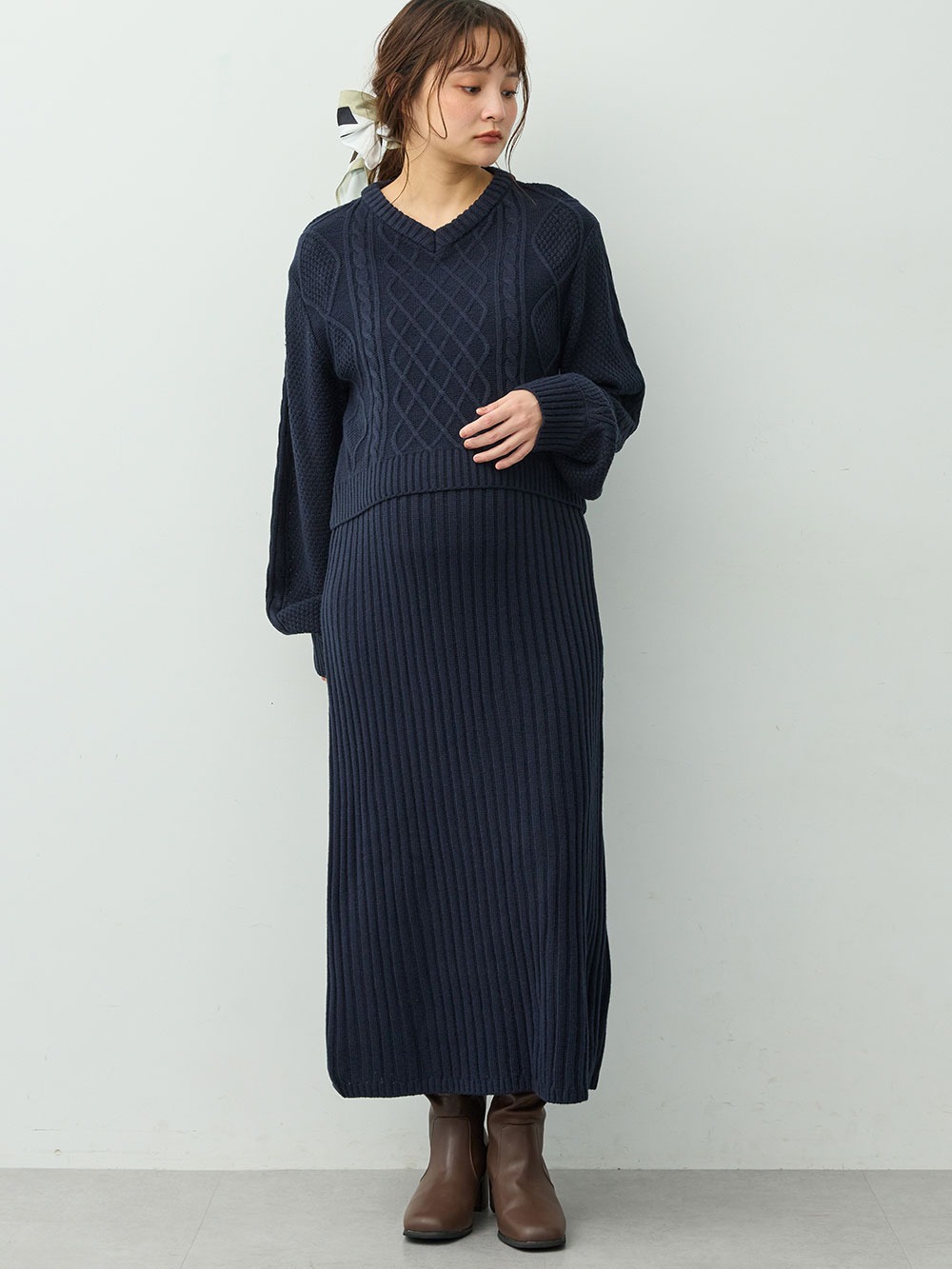 マタニティ ワンピース|ケーブル編みワンピース　マタニティ・産後【産後も長く着れる】Rosemadame(ローズマダム)|ネイビー