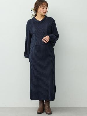 マタニティ ワンピース|ケーブル編みワンピース　マタニティ・産後【産後も長く着れる】Rosemadame(ローズマダム)|ネイビー