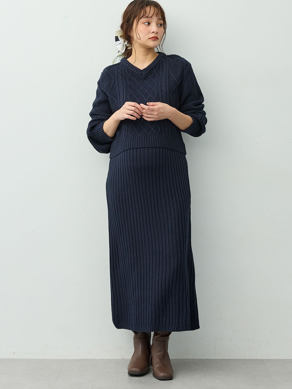 マタニティ ワンピース|ケーブル編みワンピース　マタニティ・産後【産後も長く着れる】Rosemadame(ローズマダム)|ネイビー