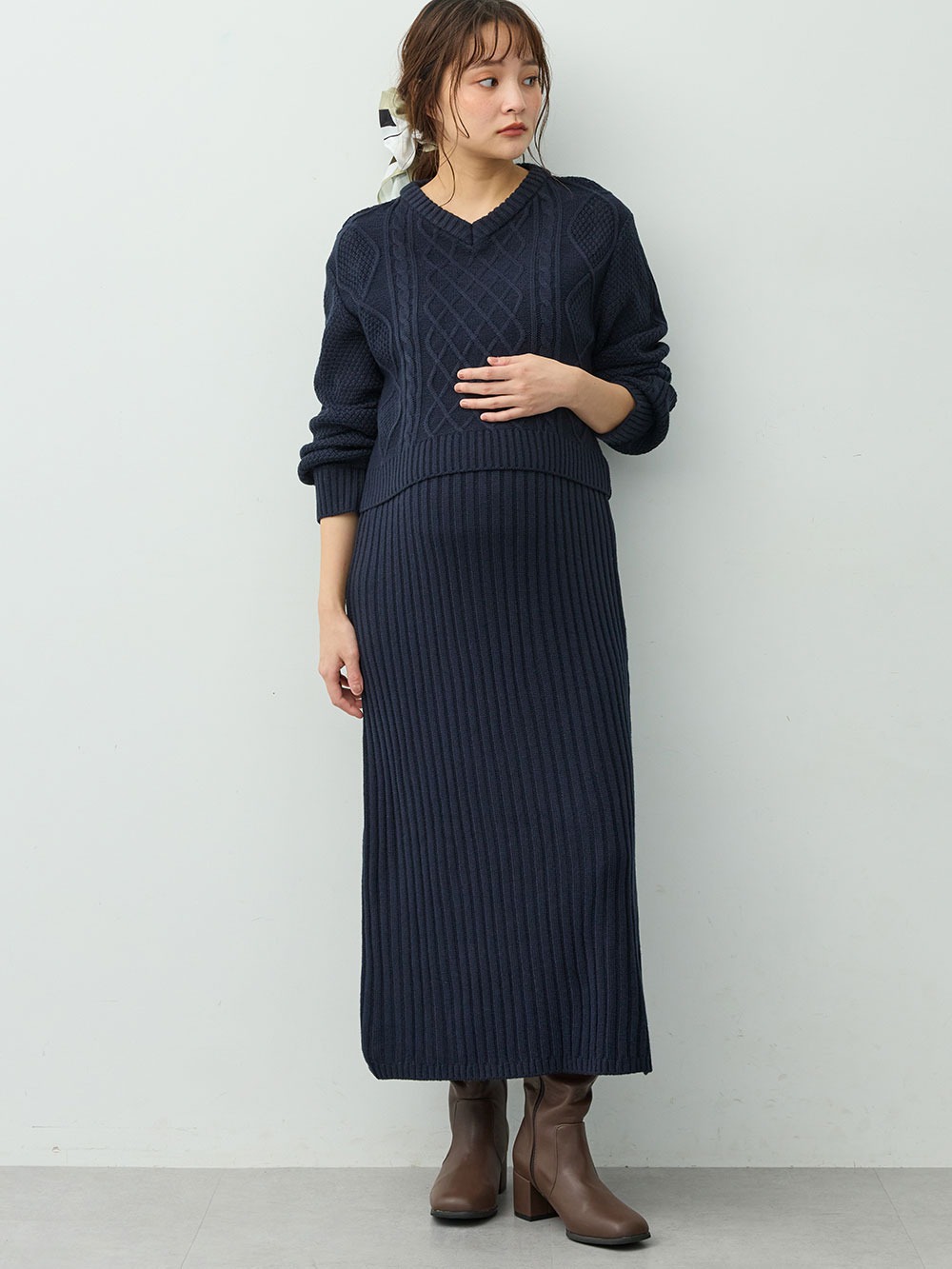 マタニティ ワンピース|ケーブル編みワンピース　マタニティ・産後【産後も長く着れる】Rosemadame(ローズマダム)|ネイビー