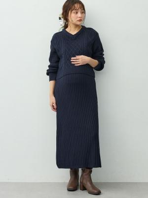 マタニティ ワンピース|ケーブル編みワンピース　マタニティ・産後【産後も長く着れる】Rosemadame(ローズマダム)|ネイビー