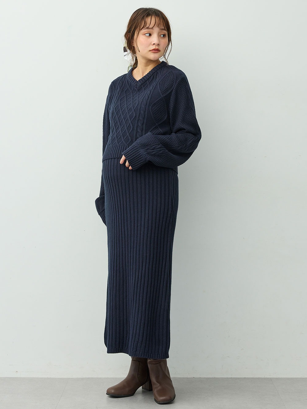 マタニティ ワンピース|ケーブル編みワンピース　マタニティ・産後【産後も長く着れる】Rosemadame(ローズマダム)|ネイビー