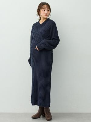 マタニティ ワンピース|ケーブル編みワンピース　マタニティ・産後【産後も長く着れる】Rosemadame(ローズマダム)|ネイビー