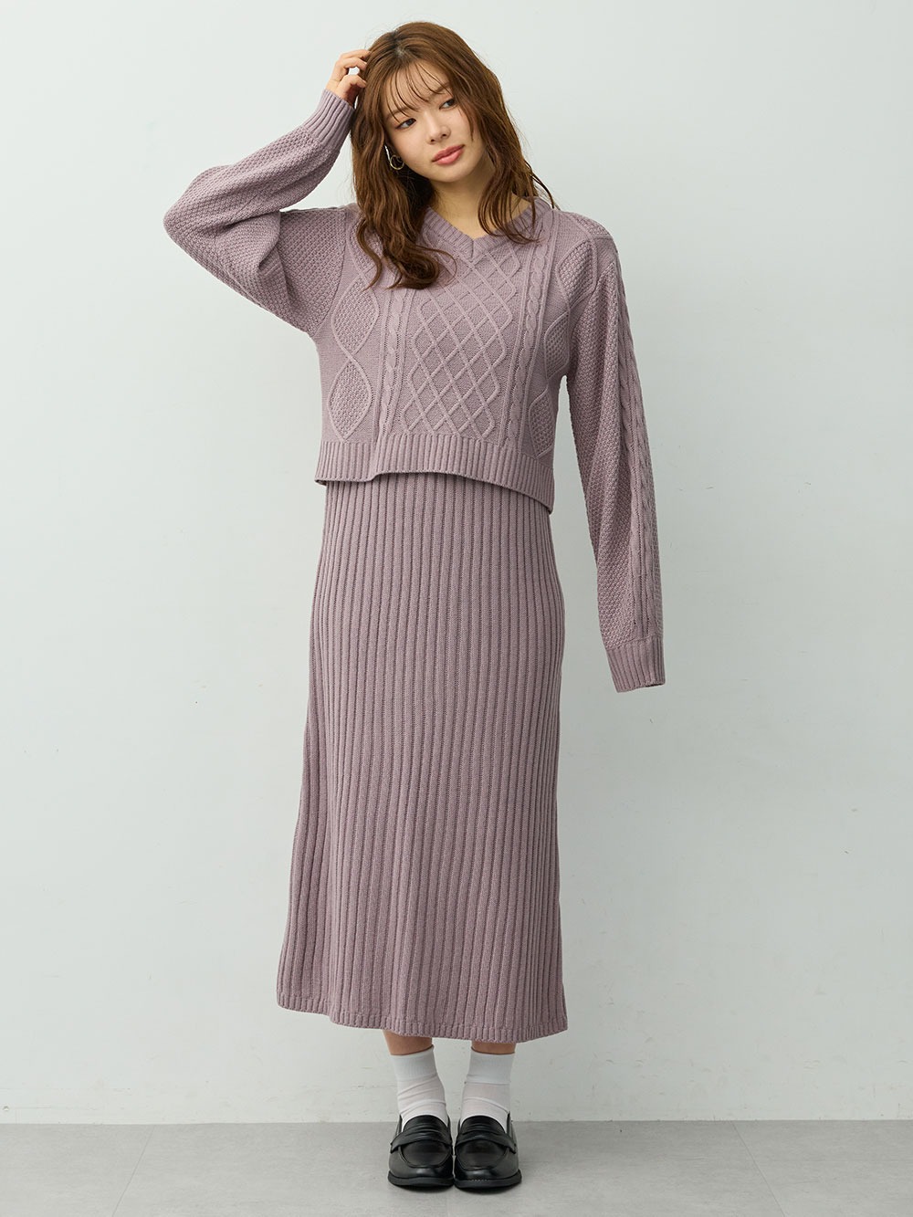 マタニティ ワンピース|ケーブル編みワンピース　マタニティ・産後【産後も長く着れる】Rosemadame(ローズマダム)|パープル