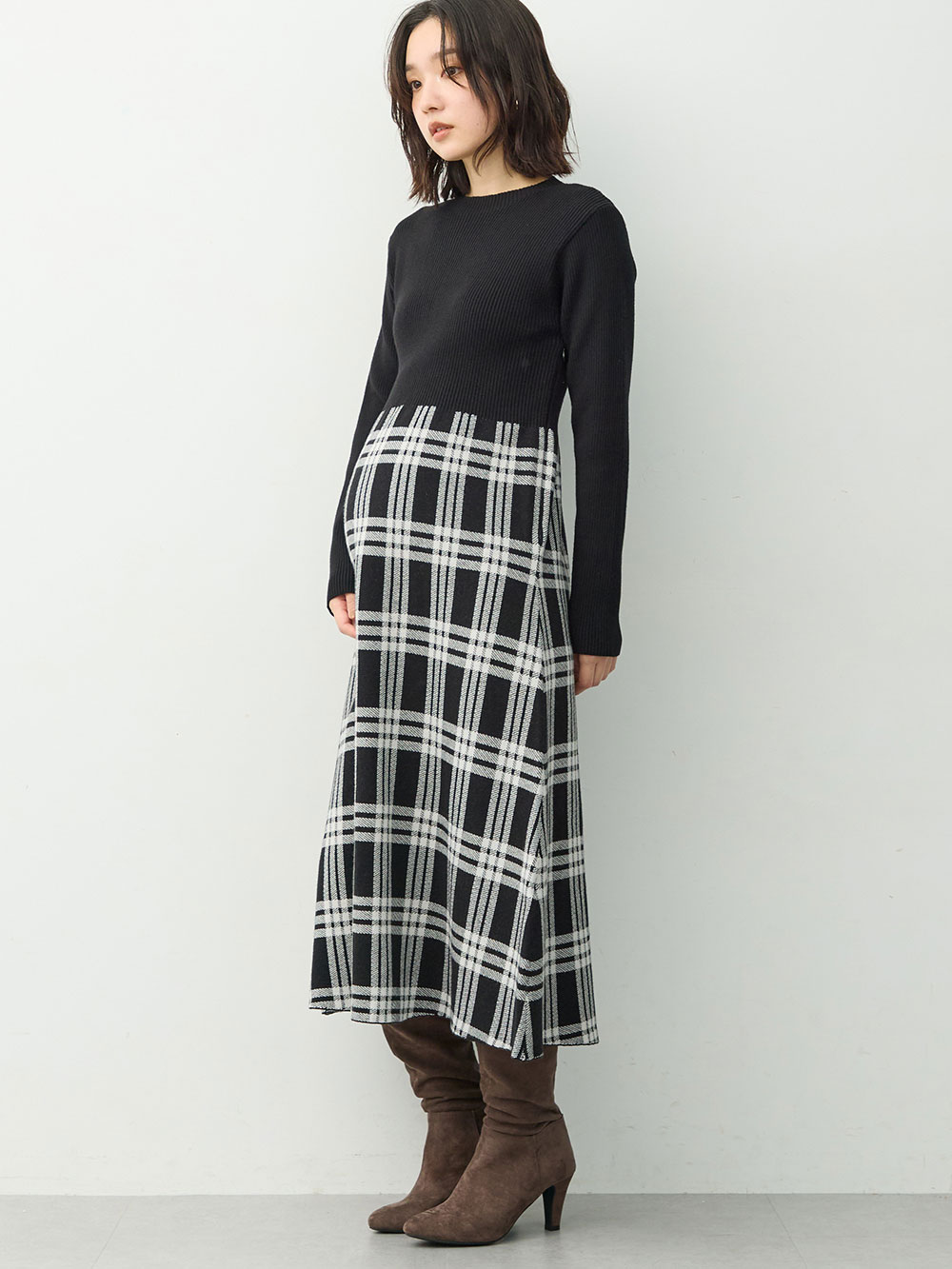 マタニティ ワンピース|チェック柄切替ニットワンピース　マタニティ・産後【産後も長く着れる】Rosemadame(ローズマダム)|ブラック