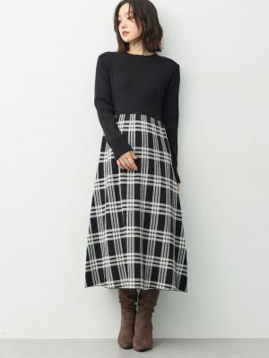 マタニティ ワンピース|チェック柄切替ニットワンピース　マタニティ・産後【産後も長く着れる】Rosemadame(ローズマダム)|ブラック
