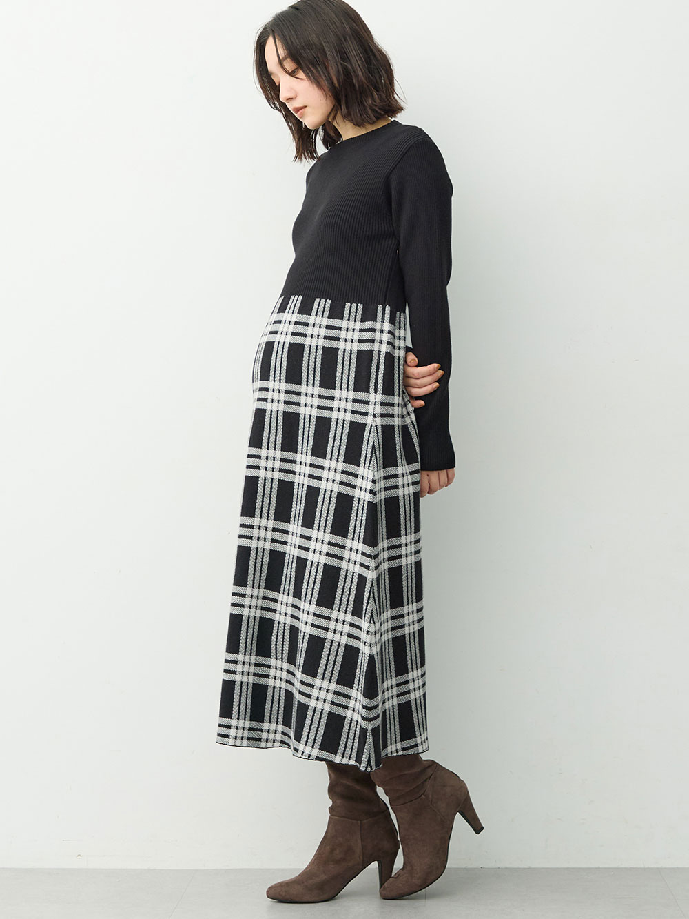 マタニティ ワンピース|チェック柄切替ニットワンピース　マタニティ・産後【産後も長く着れる】Rosemadame(ローズマダム)|ブラック