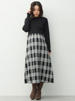 マタニティ ワンピース|チェック柄切替ニットワンピース　マタニティ・産後【産後も長く着れる】Rosemadame(ローズマダム)|ブラック