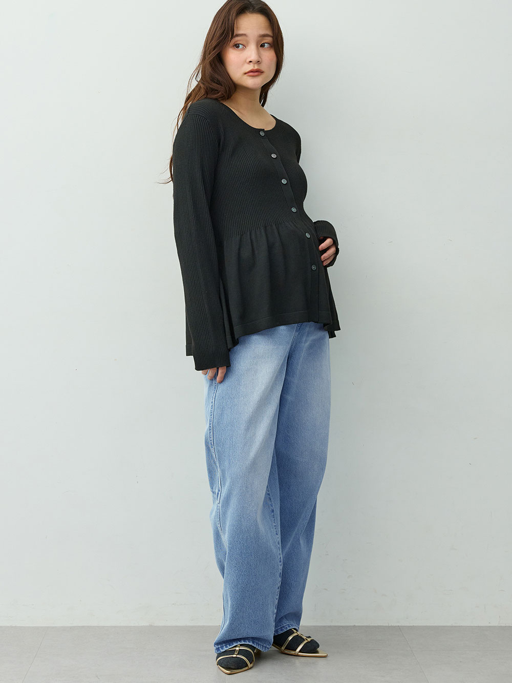 マタニティ ワンピース|ペプラムニットセットアップ　マタニティ・産後【産後も長く着れる】Rosemadame(ローズマダム)|ブラック