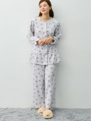 マタニティ・授乳パジャマ・ルームウェア|ベロア小花柄パジャマ　マタニティ・産後【産後も長く着れる】Rosemadame(ローズマダム)|サックス