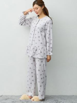 マタニティ・授乳パジャマ・ルームウェア|ベロア小花柄パジャマ　マタニティ・産後【産後も長く着れる】Rosemadame(ローズマダム)|サックス