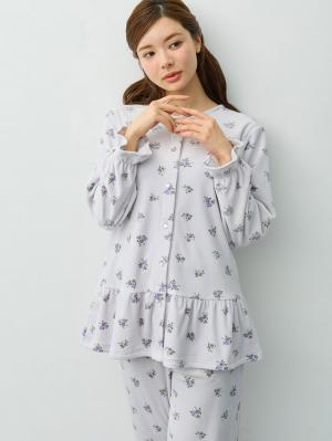 マタニティ・授乳パジャマ・ルームウェア|ベロア小花柄パジャマ　マタニティ・産後【産後も長く着れる】Rosemadame(ローズマダム)|サックス