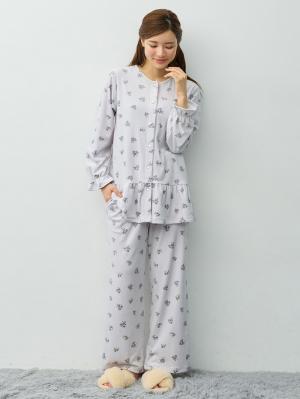 マタニティ・授乳パジャマ・ルームウェア|ベロア小花柄パジャマ　マタニティ・産後【産後も長く着れる】Rosemadame(ローズマダム)|サックス