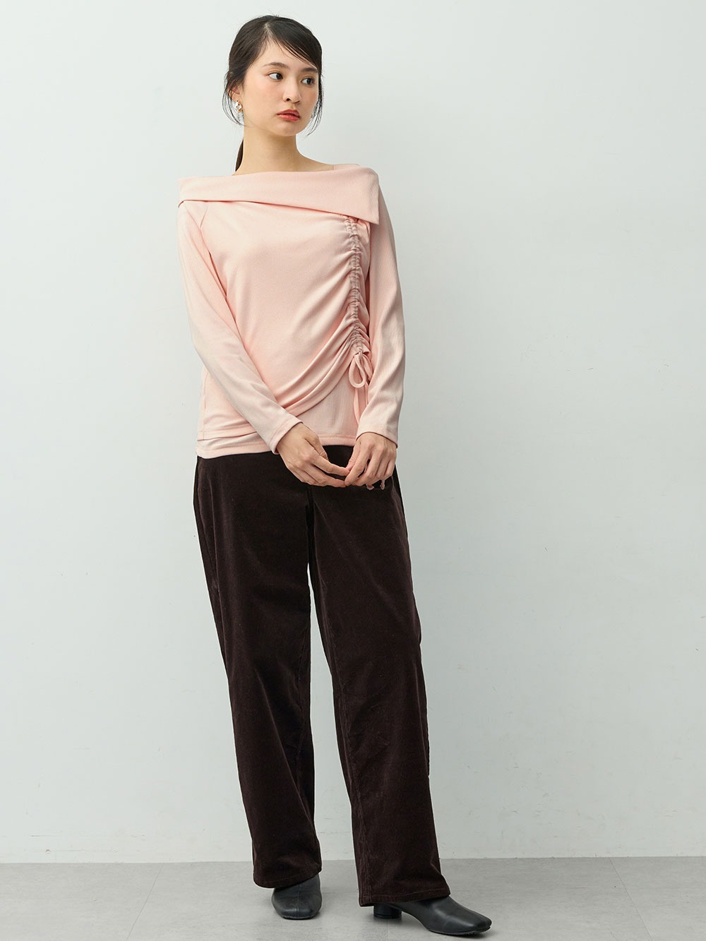 マタニティトップス・授乳服トップス|オフショル風ギャザートップス　マタニティ・産後授乳服【出産後も長く着られる】|ペールピンク