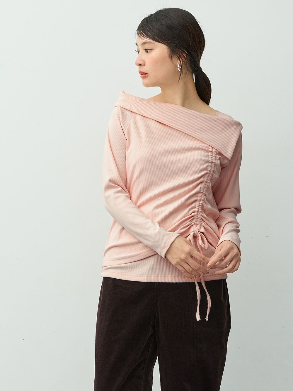 マタニティトップス・授乳服トップス|オフショル風ギャザートップス　マタニティ・産後授乳服【出産後も長く着られる】|ペールピンク